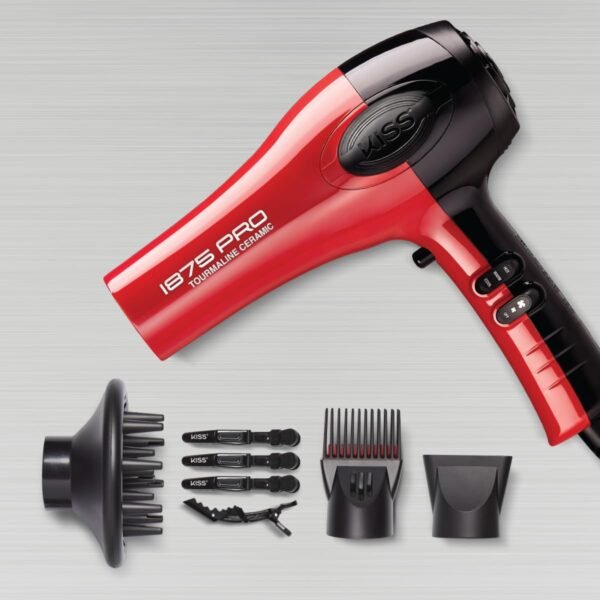 KISS 1875 Watt Pro Tourmaline Ceramic Hair Dryer, 3 Heat Settings, 2 Speed Slide Switch, Cool Shot Button, 2 Detangler Combs, 1 Concentrator, 1 Diffuser, Removable Filter Cap & 4 Sectioning Clips - Image 5