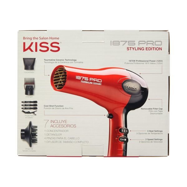 KISS 1875 Watt Pro Tourmaline Ceramic Hair Dryer, 3 Heat Settings, 2 Speed Slide Switch, Cool Shot Button, 2 Detangler Combs, 1 Concentrator, 1 Diffuser, Removable Filter Cap & 4 Sectioning Clips - Image 2